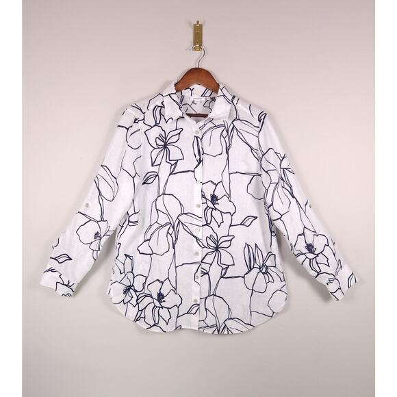 Chico’s 100% Linen Floral Button Front Tunic White Black Size 2 (US 12) - Picture 2 of 13